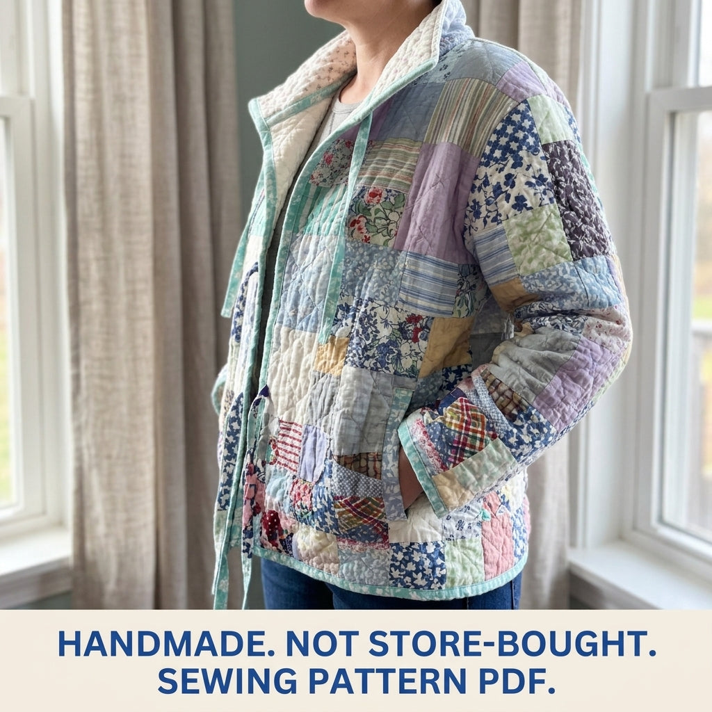 Vintage Patchwork Tie Jacket Sewing Pattern PDF – Upcycled Quilt Jacket
