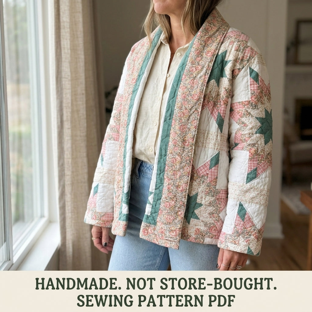 Star Quilt Shawl Collar Jacket Sewing Pattern PDF – Upcycled Quilt Jacket