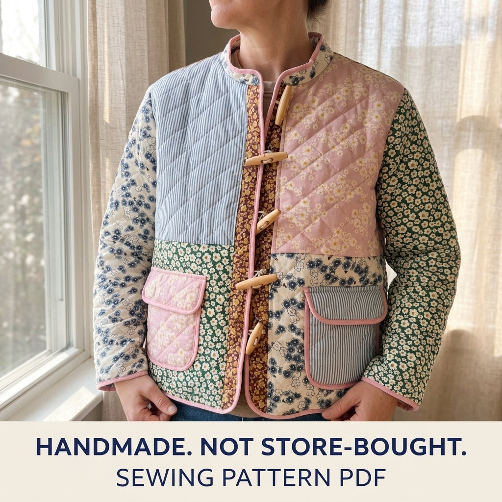 Toggle Patchwork Quilted Jacket Sewing Pattern PDF – Boxy Scrap Quilt Jacket