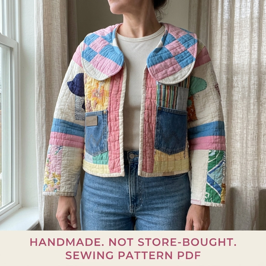 Round Collar Quilt Jacket Sewing Pattern PDF – Round Collar Jacket from a Vintage Quilt