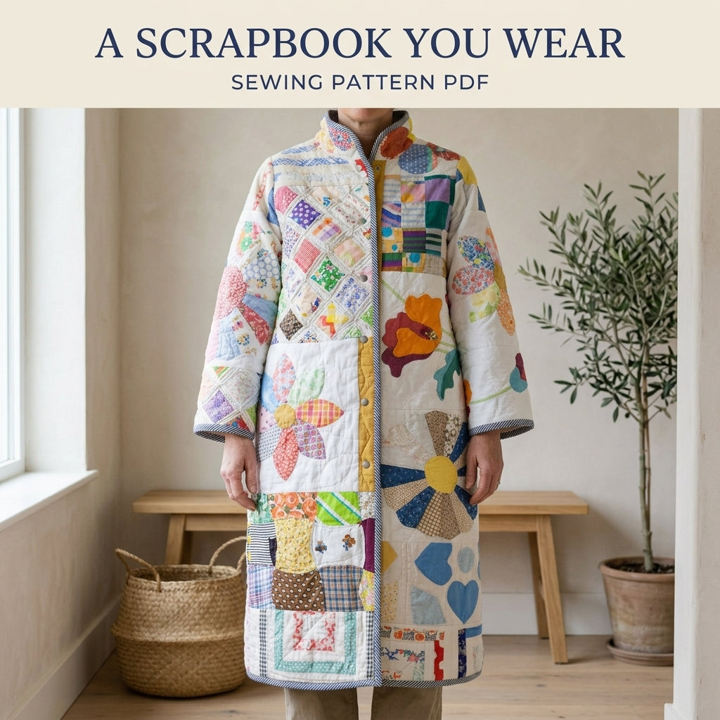 Scrappy Sampler Quilt Coat Sewing Pattern PDF – Long Coat from Orphan Blocks