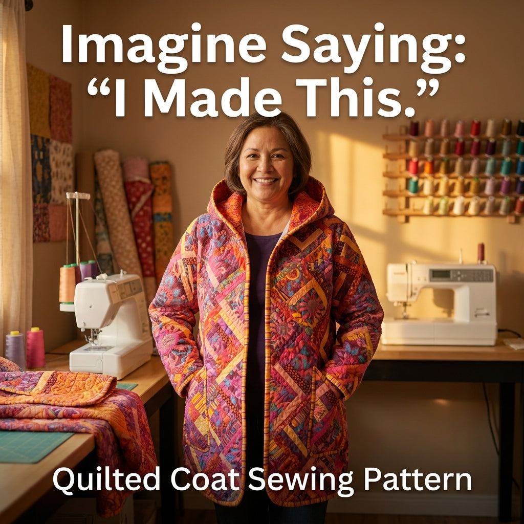 Quilt Coat Sewing Pattern — Longline Hooded Patchwork Coat with Bound Edges, Sizes XS–3XL, A0 and A4 PDF