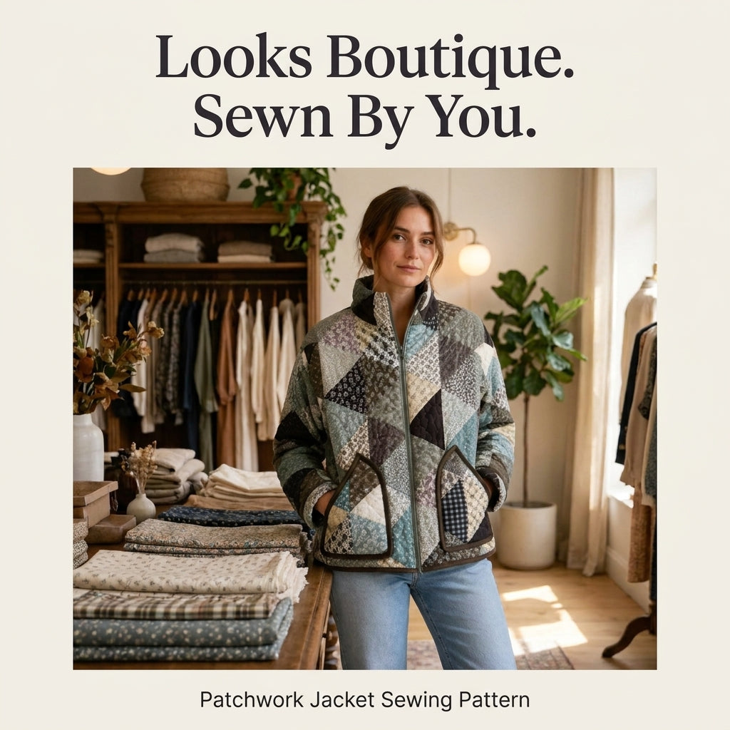 Patchwork Bomber Jacket Sewing Pattern — Quilted Zip Jacket with Funnel Collar, Sizes XS–3XL, A0 and A4 PDF