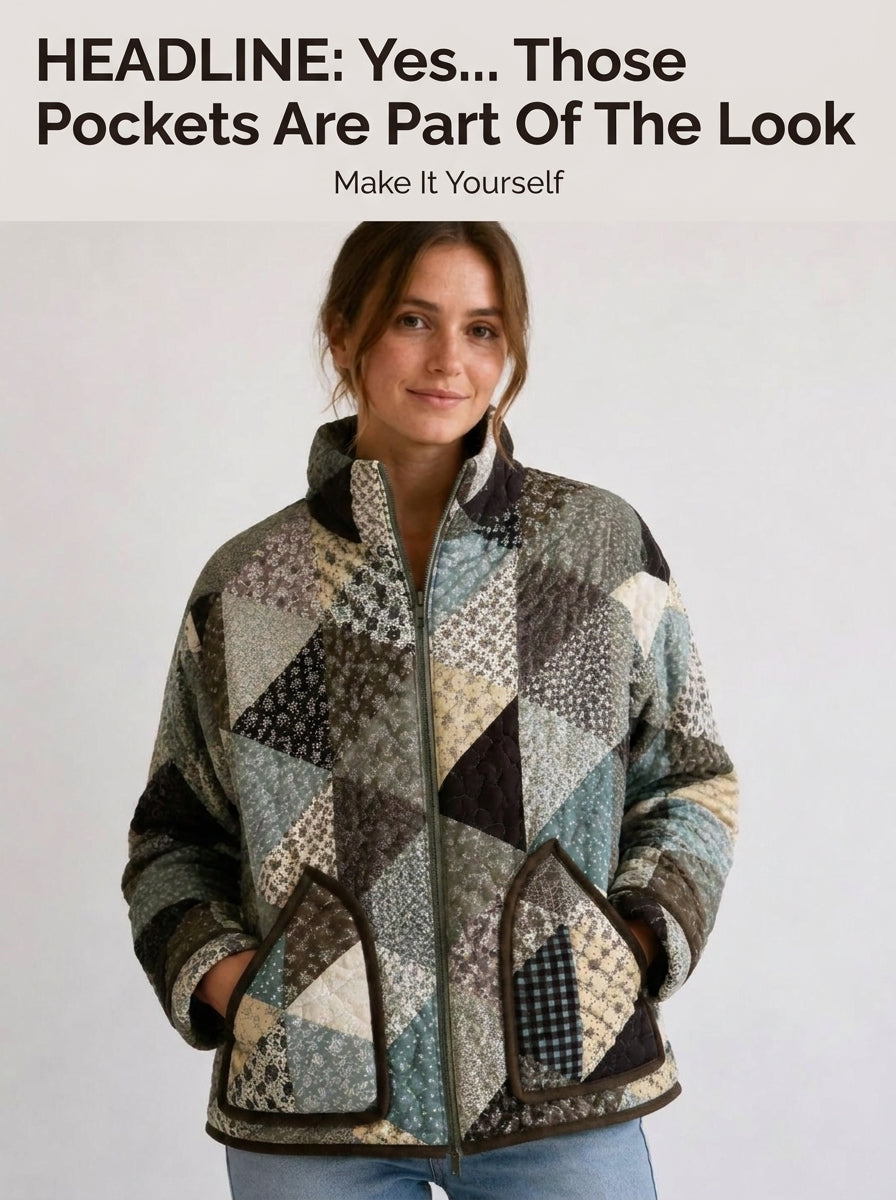 Patchwork Bomber Jacket Sewing Pattern — Quilted Zip Jacket with Funnel Collar, Sizes XS–3XL, A0 and A4 PDF