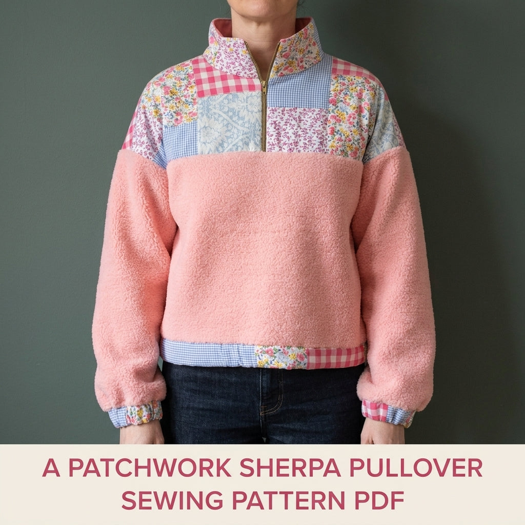 Patchwork Sherpa Half-Zip Pullover Sewing Pattern PDF – Gingham and Floral Yoke Sweater