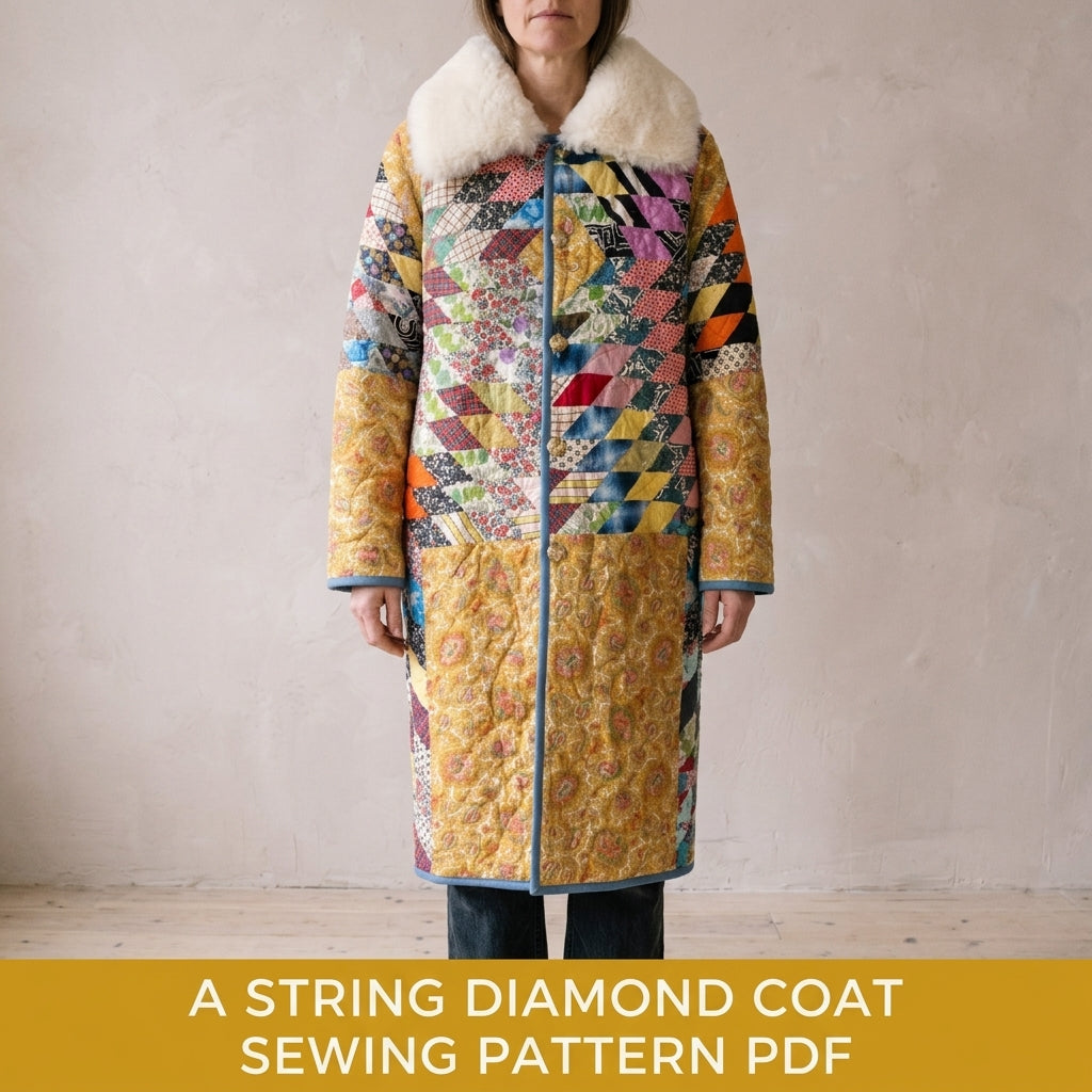 String Diamond Patchwork Long Quilted Coat Sewing Pattern PDF – String Diamond Patchwork Coat with Big Collar