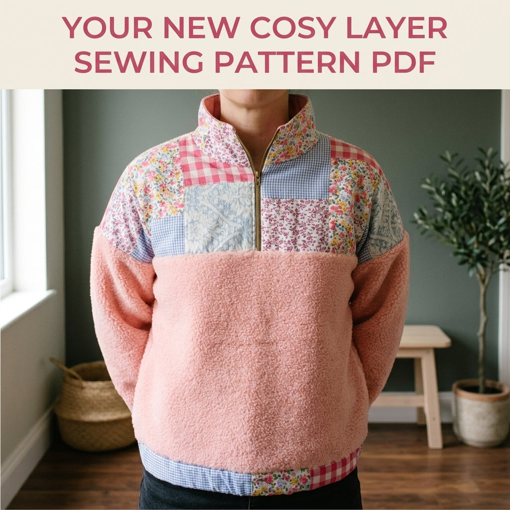 Patchwork Sherpa Half-Zip Pullover Sewing Pattern PDF – Gingham and Floral Yoke Sweater