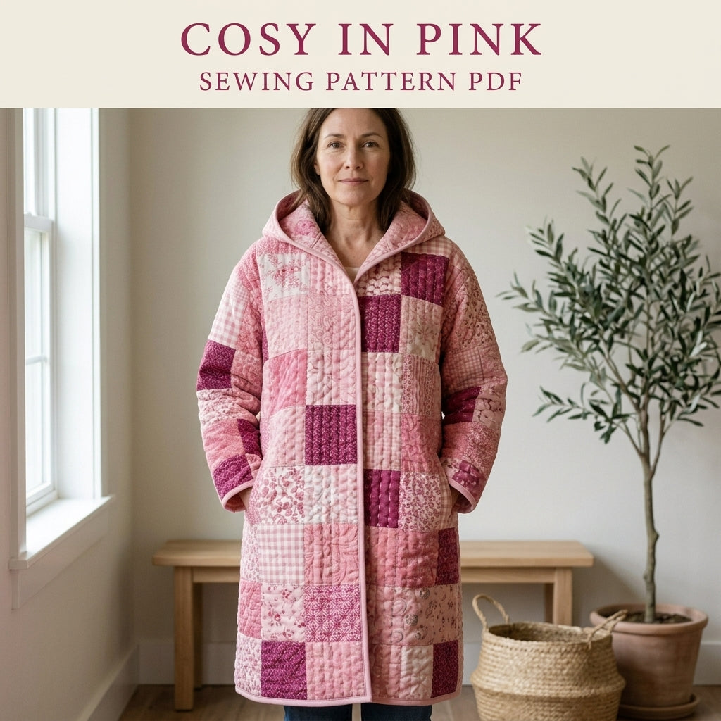 Pink Patchwork Hooded Quilt Coat Sewing Pattern PDF – Long Quilted Coat