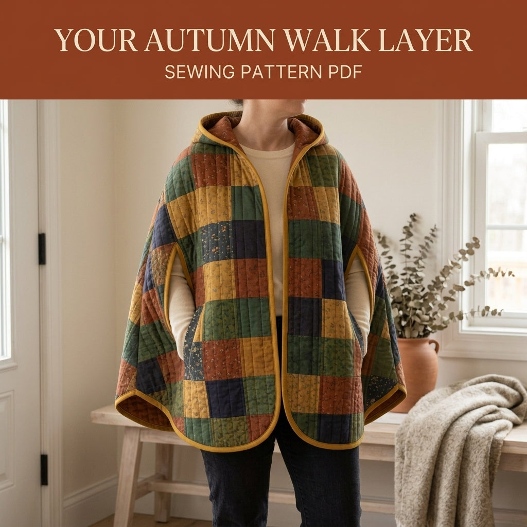Hooded Quilted Capelet Sewing Pattern PDF – Patchwork Cape with Arm Slits and Bias Binding