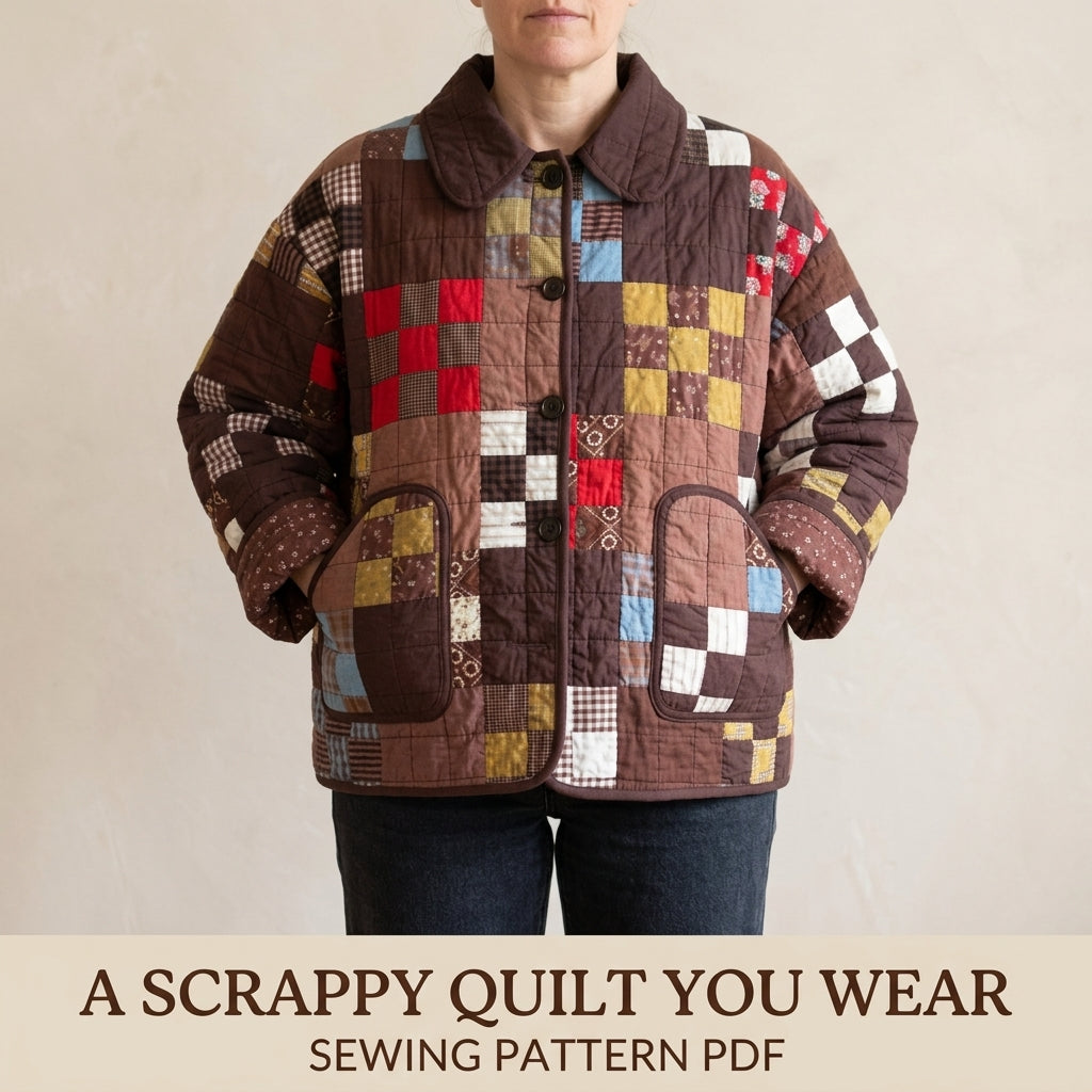 Scrappy Patchwork Quilted Coat Sewing Pattern PDF – Boxy Quilt Coat with Collar and Patch Pockets