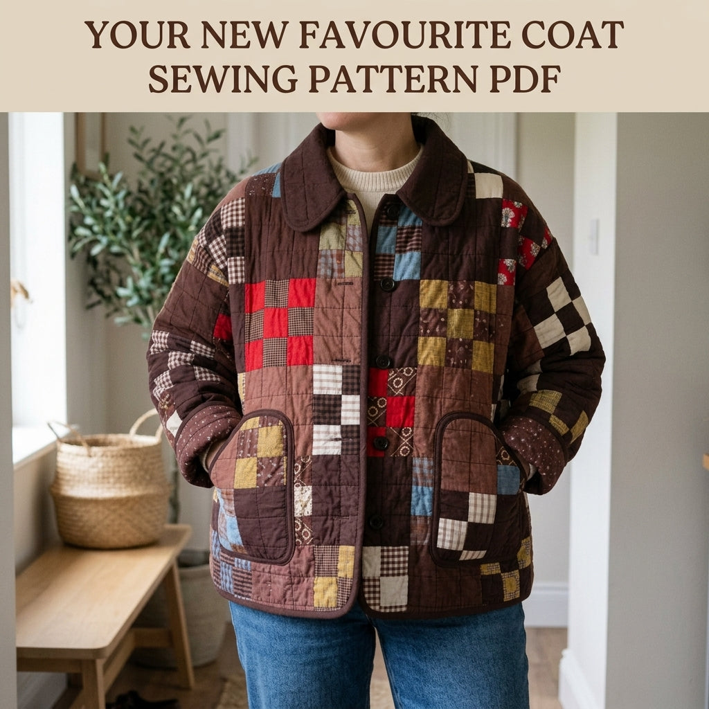 Scrappy Patchwork Quilted Coat Sewing Pattern PDF – Boxy Quilt Coat with Collar and Patch Pockets