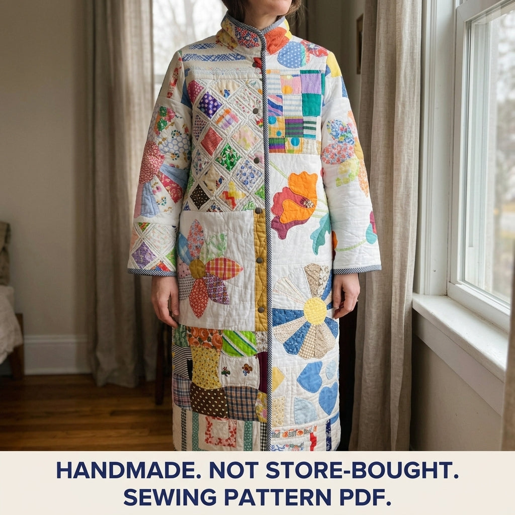 Vintage Patchwork Quilt Coat Sewing Pattern PDF – Long Coat from Orphan Quilt Blocks