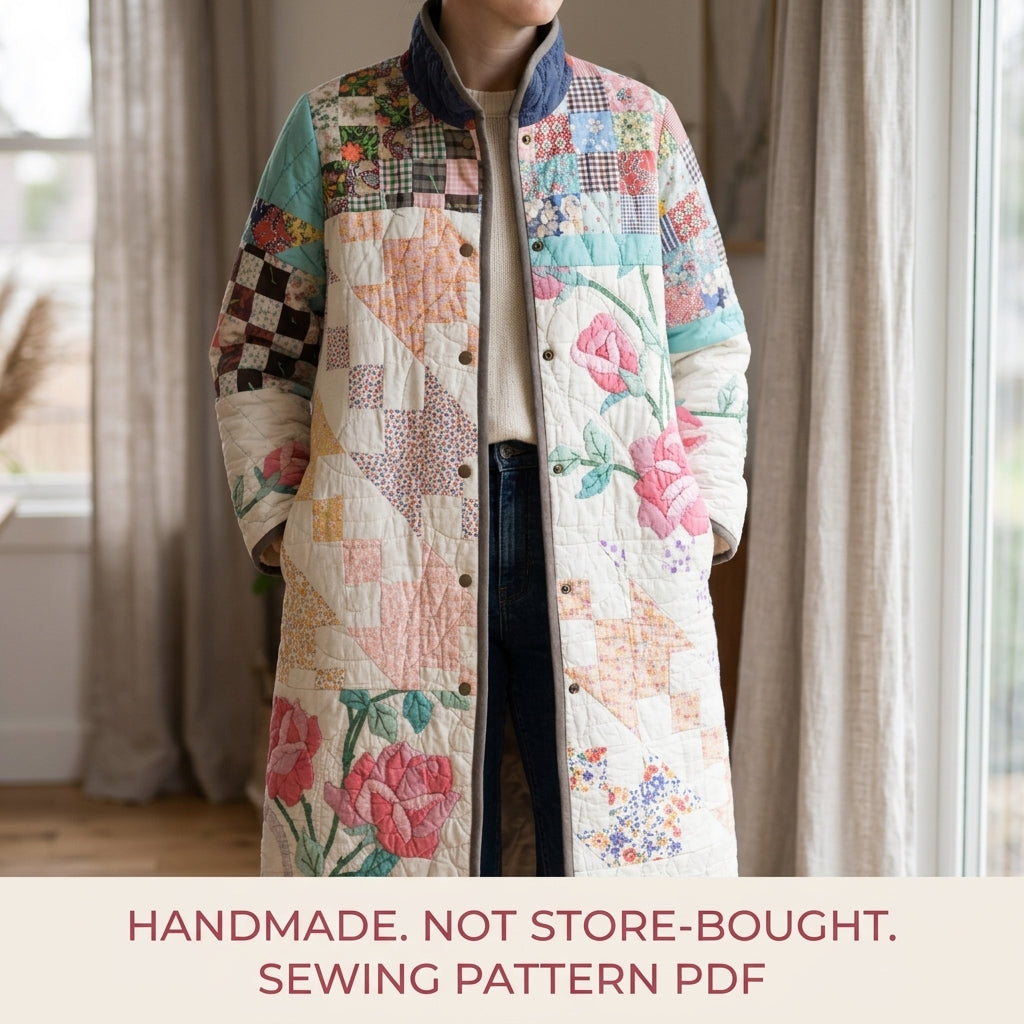 Rose Patchwork Quilt Coat Sewing Pattern PDF – Long Coat from Vintage Quilts