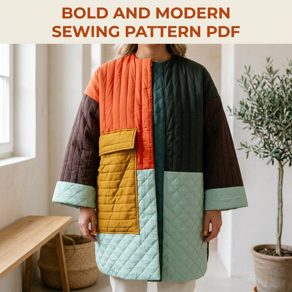 Colour Block Quilted Coat Sewing Pattern PDF – Oversized Quilted Jacket