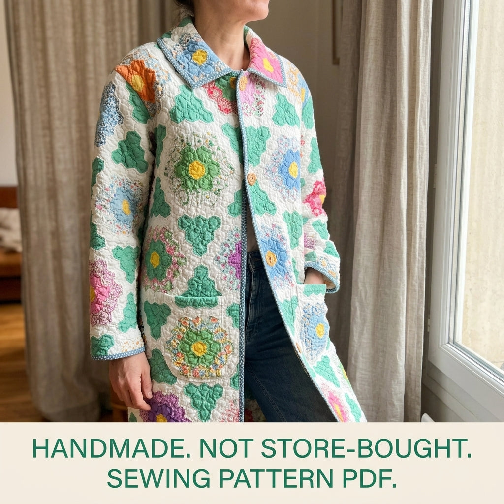 Flower Garden Long Quilt Coat Sewing Pattern PDF – Button Front Coat from a Vintage Quilt