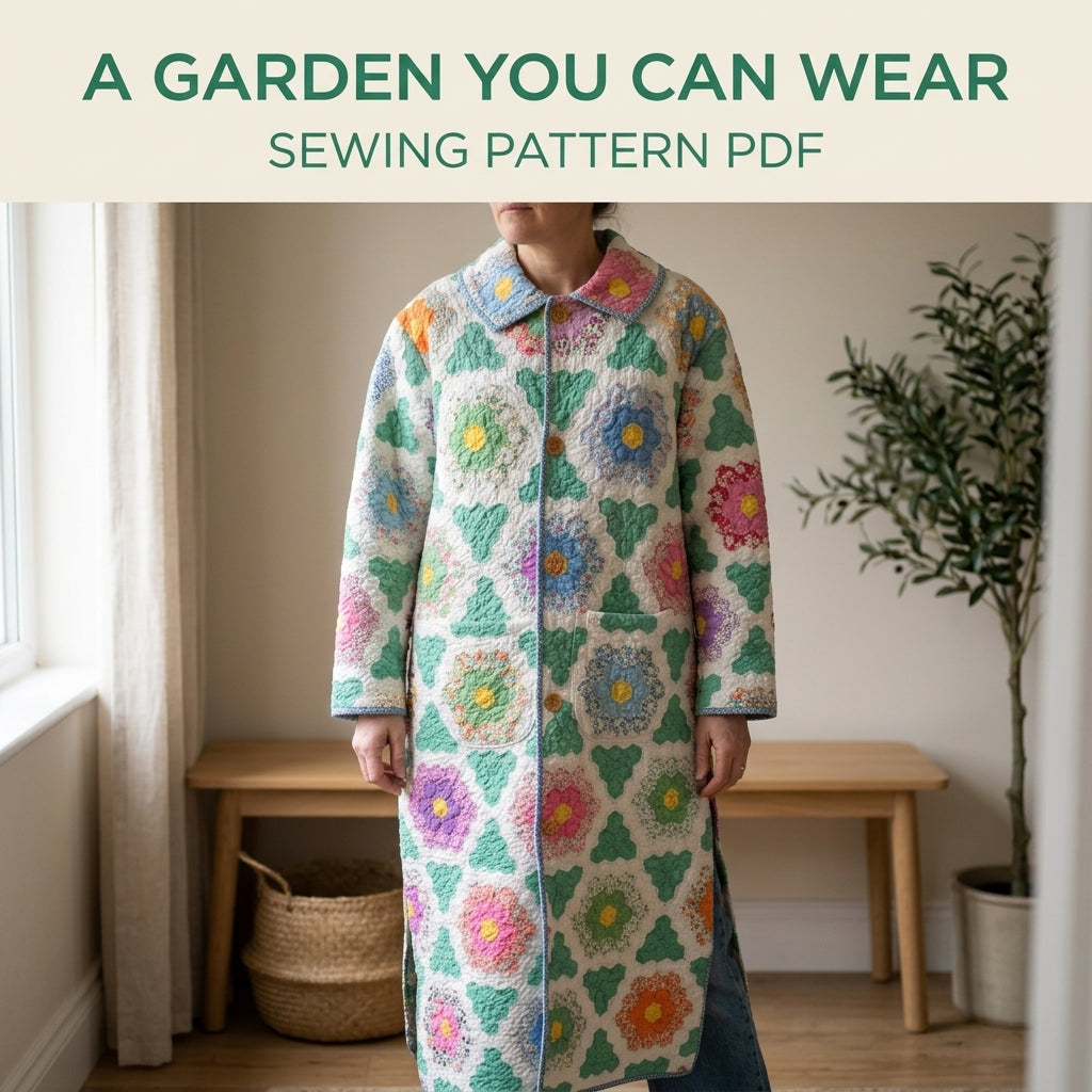 Flower Garden Long Quilt Coat Sewing Pattern PDF – Button Front Coat from a Vintage Quilt