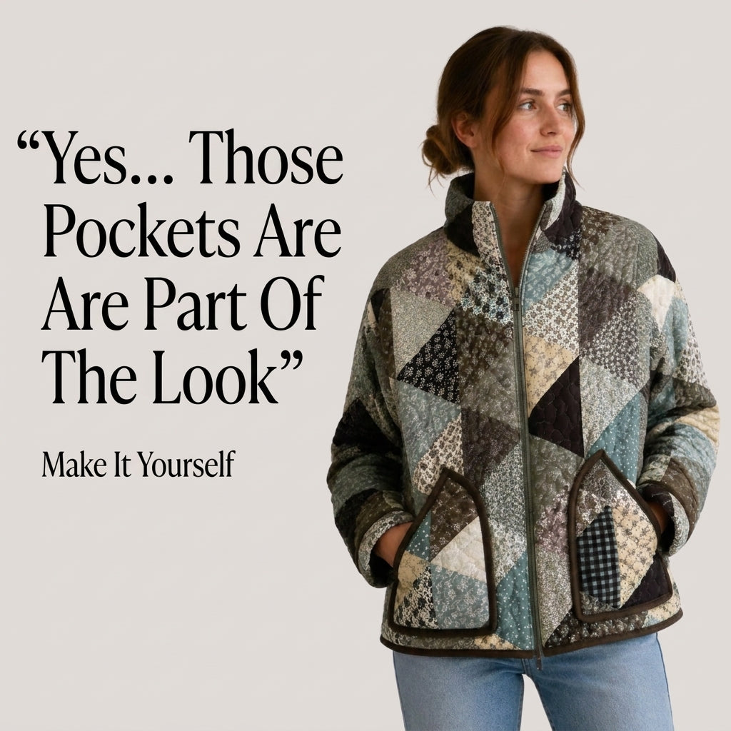 Patchwork Bomber Jacket Sewing Pattern — Quilted Zip Jacket with Funnel Collar, Sizes XS–3XL, A0 and A4 PDF