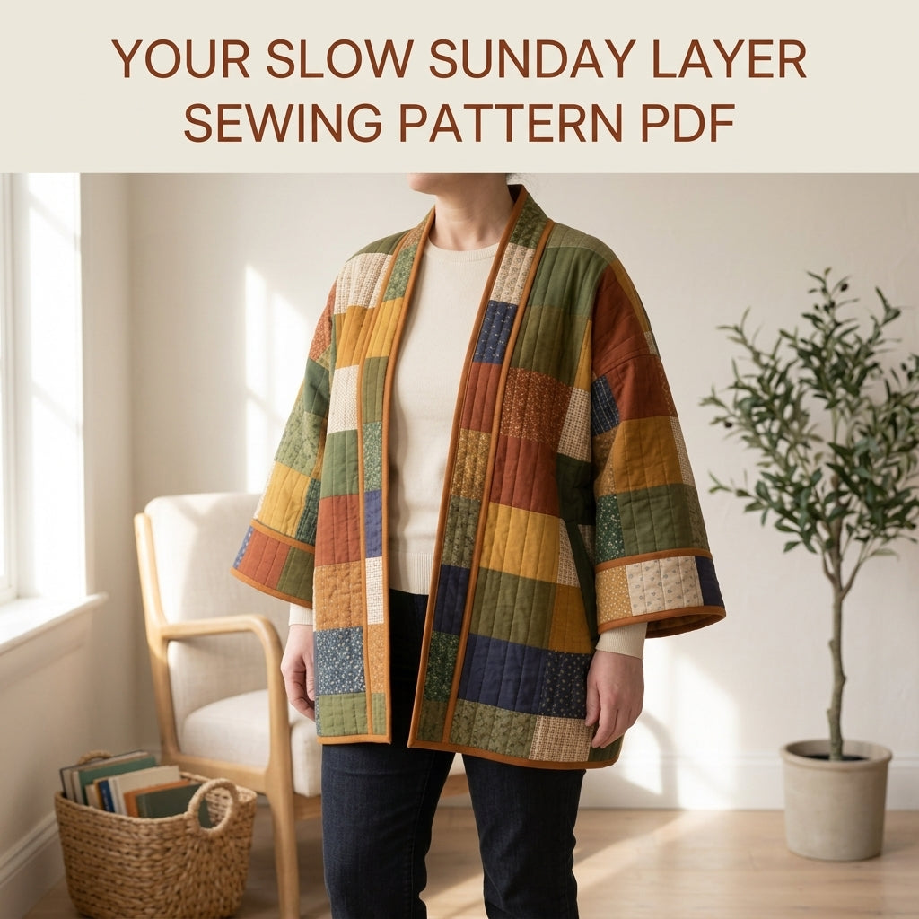 Quilted Kimono Jacket Sewing Pattern PDF – Patchwork Kimono Wrap with Wide Sleeves and Band Collar