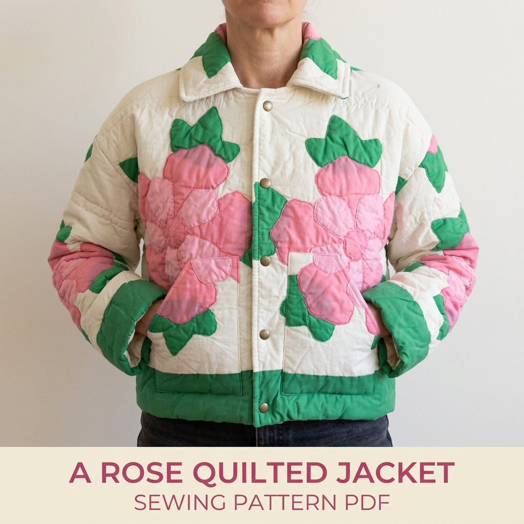 Rose Appliqué Quilted Jacket Sewing Pattern PDF – Cropped Quilt Jacket with Flowers