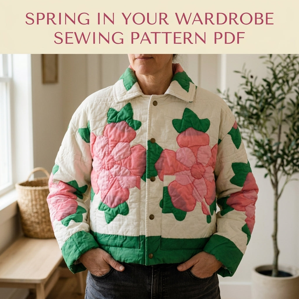 Rose Appliqué Quilted Jacket Sewing Pattern PDF – Cropped Quilt Jacket with Flowers