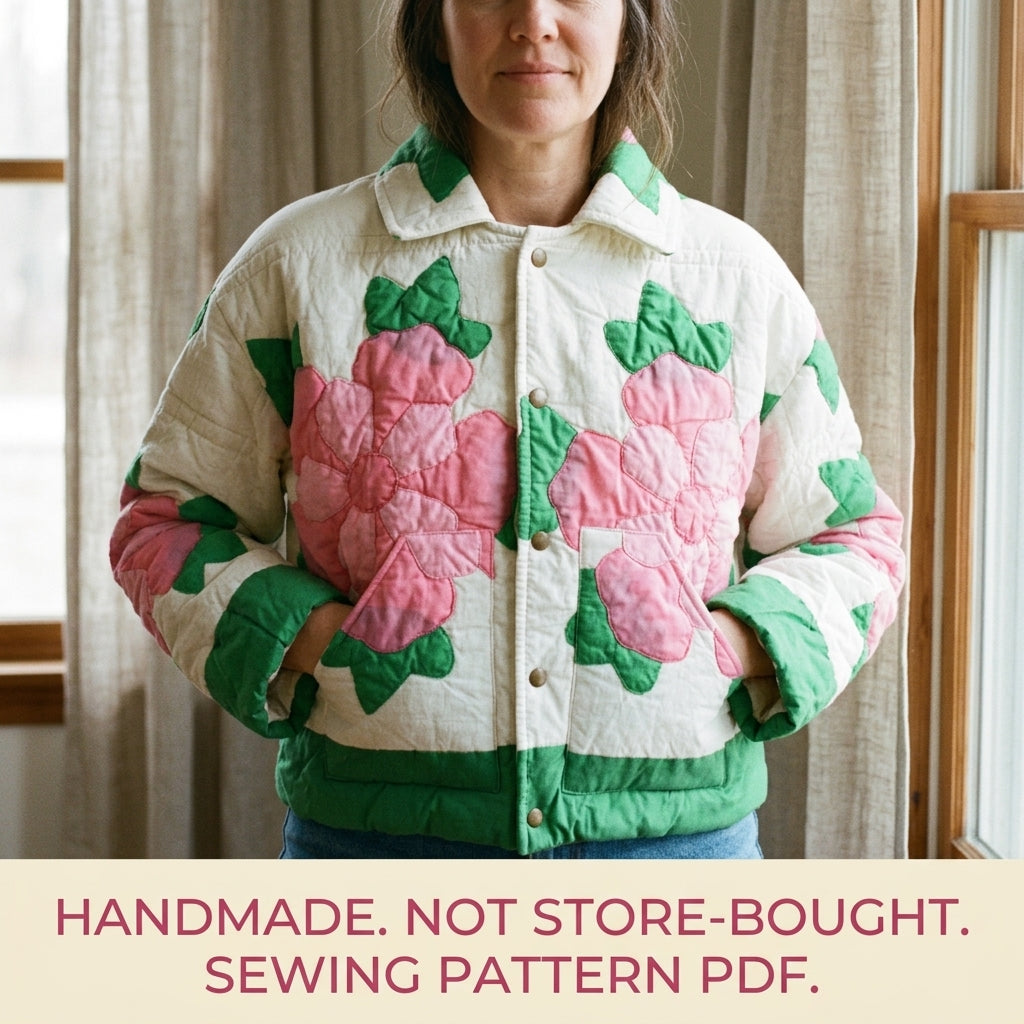 Rose Appliqué Quilted Jacket Sewing Pattern PDF – Cropped Quilt Jacket with Flowers