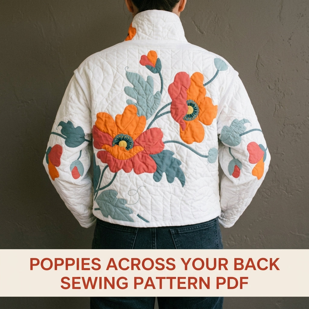 Poppy Appliqué Quilted Jacket Sewing Pattern PDF – White Quilt Jacket with Flower Back