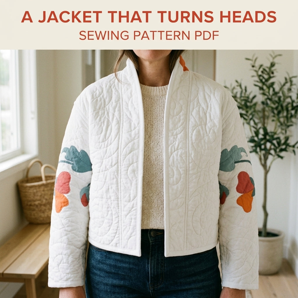 Poppy Appliqué Quilted Jacket Sewing Pattern PDF – White Quilt Jacket with Flower Back