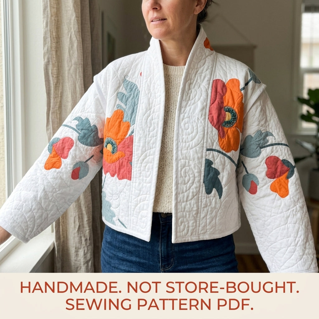 Poppy Appliqué Quilted Jacket Sewing Pattern PDF – White Quilt Jacket with Flower Back