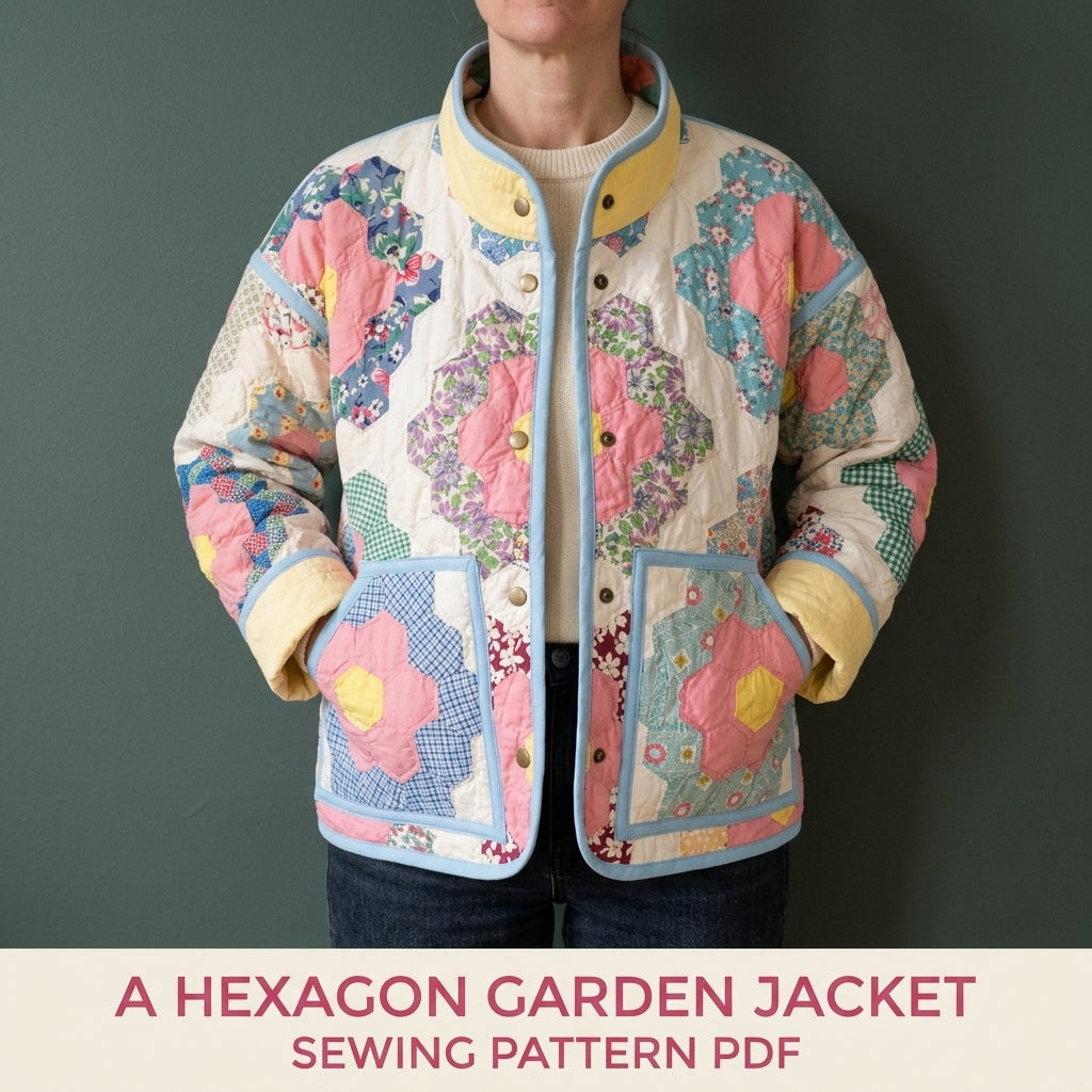 Hexagon Flower Garden Quilt Jacket Sewing Pattern PDF – Upcycled Quilt Coat