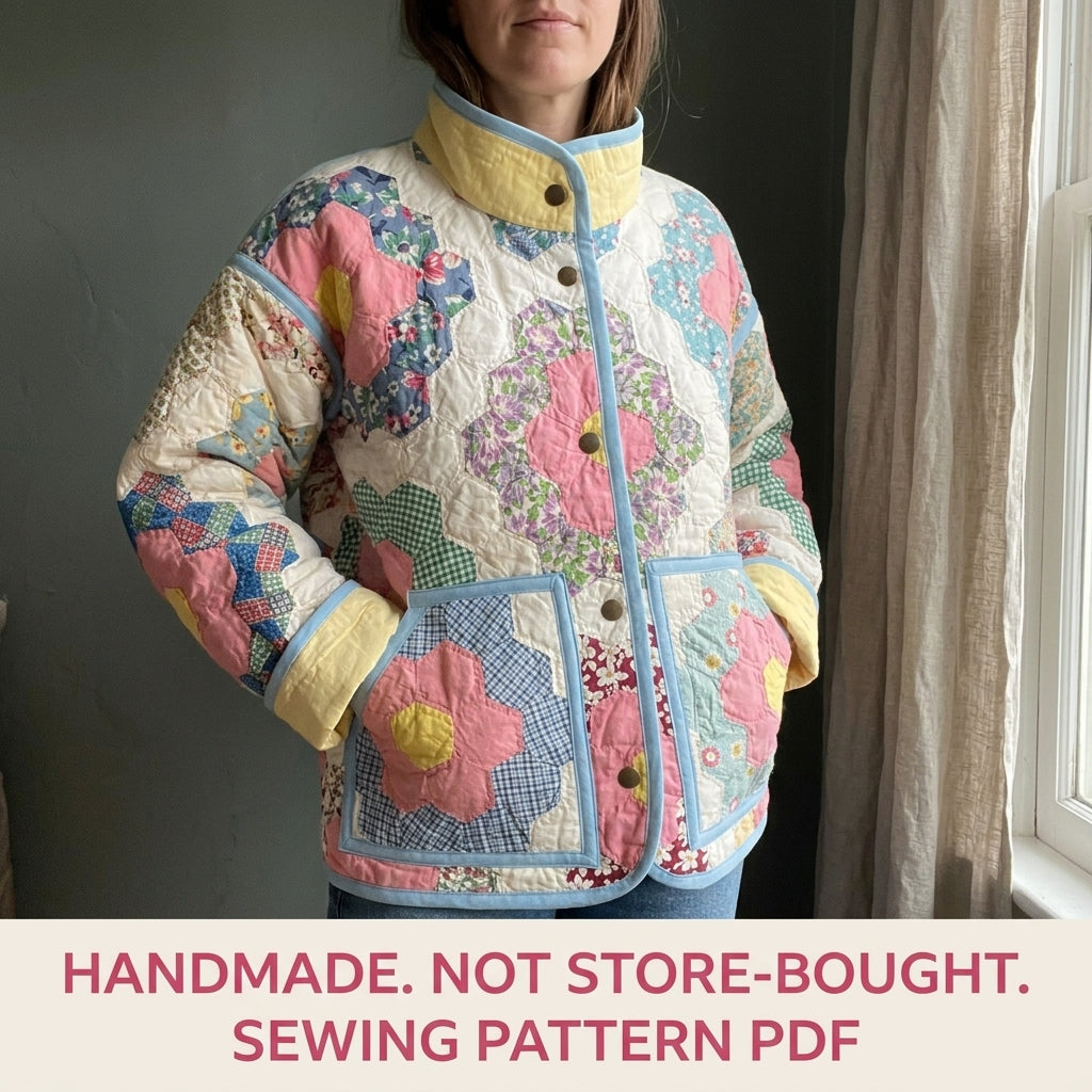Hexagon Flower Garden Quilt Jacket Sewing Pattern PDF – Upcycled Quilt Coat