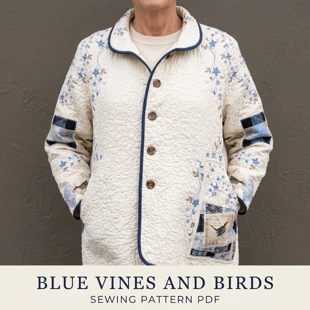 Blue Vine Patchwork Quilt Jacket Sewing Pattern PDF – Relaxed Quilted Jacket