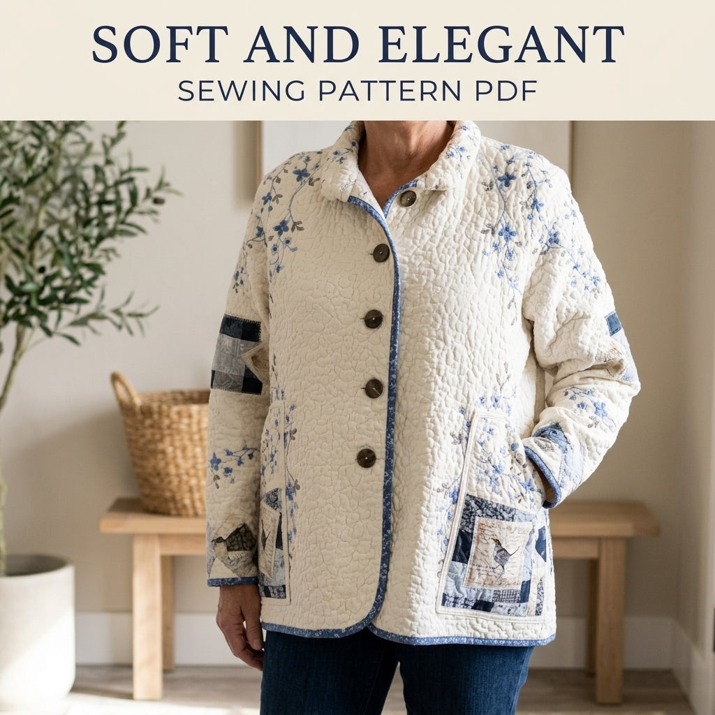 Blue Vine Patchwork Quilt Jacket Sewing Pattern PDF – Relaxed Quilted Jacket