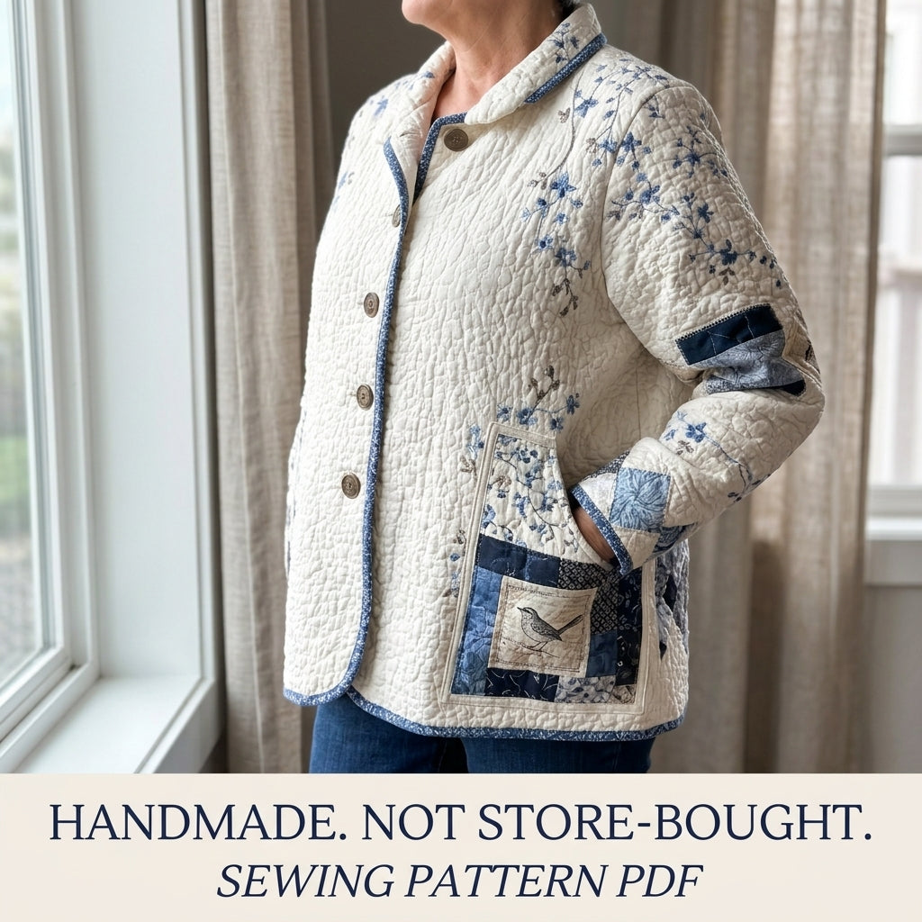 Blue Vine Patchwork Quilt Jacket Sewing Pattern PDF – Relaxed Quilted Jacket