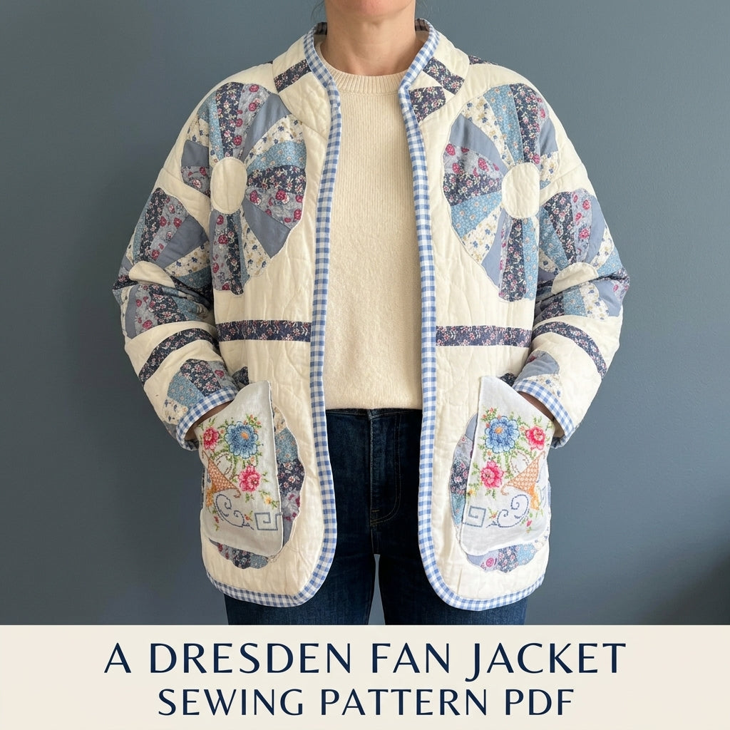 Dresden Cross-Stitch Pocket Quilt Jacket Sewing Pattern PDF – Upcycled Quilt Coat