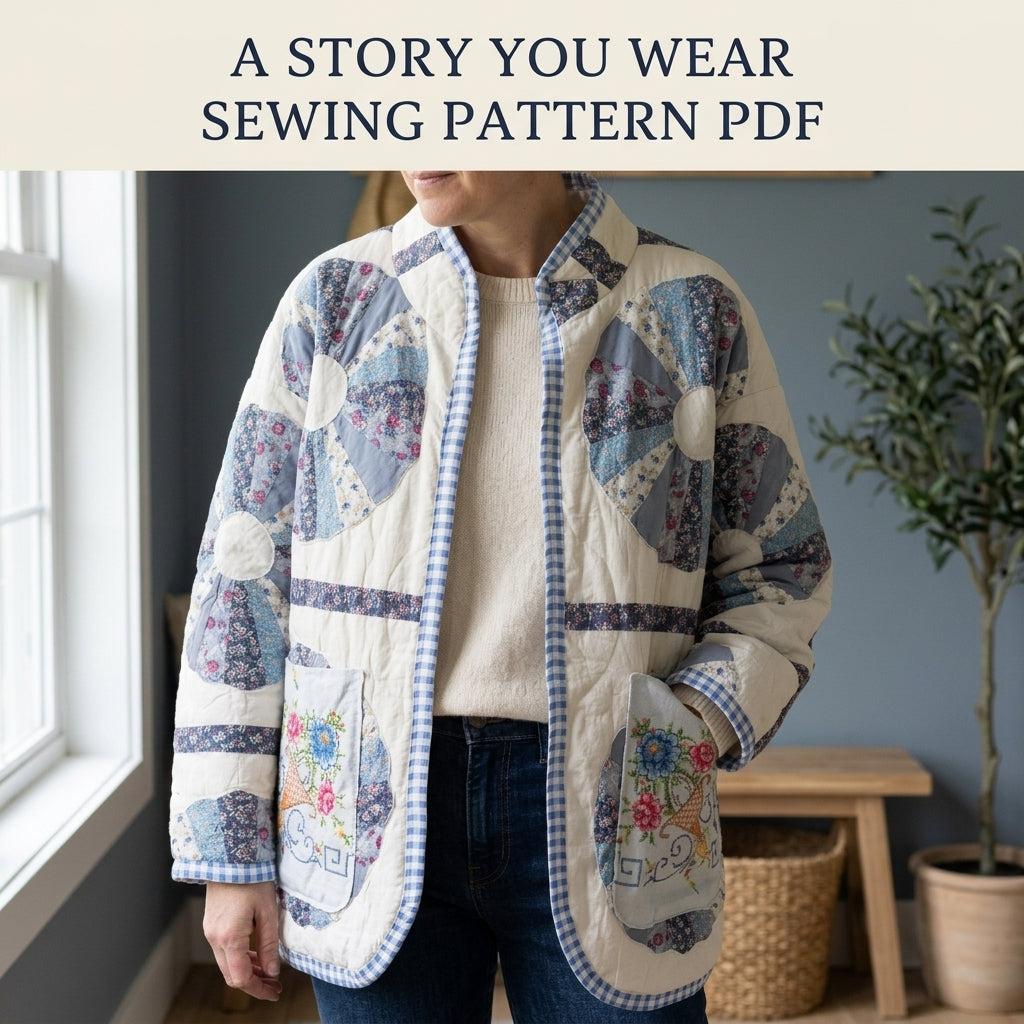 Dresden Cross-Stitch Pocket Quilt Jacket Sewing Pattern PDF – Upcycled Quilt Coat