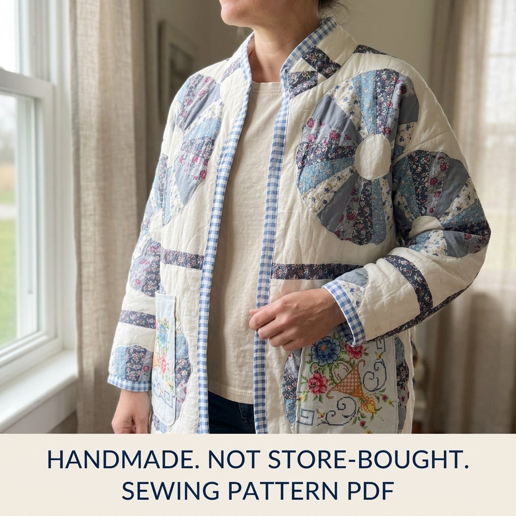 Dresden Cross-Stitch Pocket Quilt Jacket Sewing Pattern PDF – Upcycled Quilt Coat