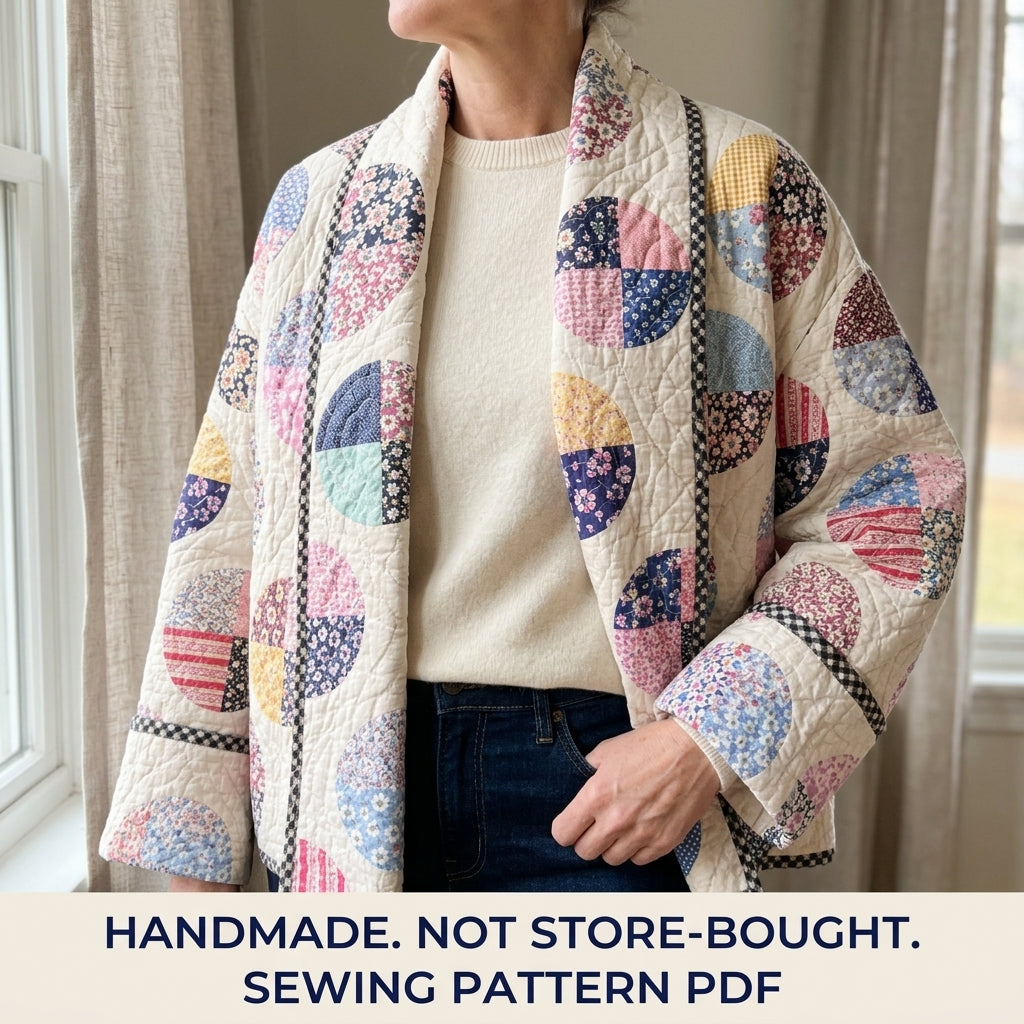 Circle Quarters  Quilt Jacket Sewing Pattern PDF – Boxy Shawl Collar Jacket from a Vintage Quilt