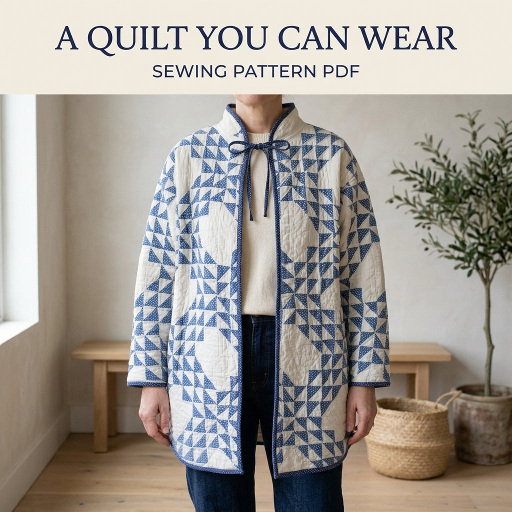 Blue Star Quilt Jacket Sewing Pattern PDF – Tie Collar Jacket with Gathered Back Yoke