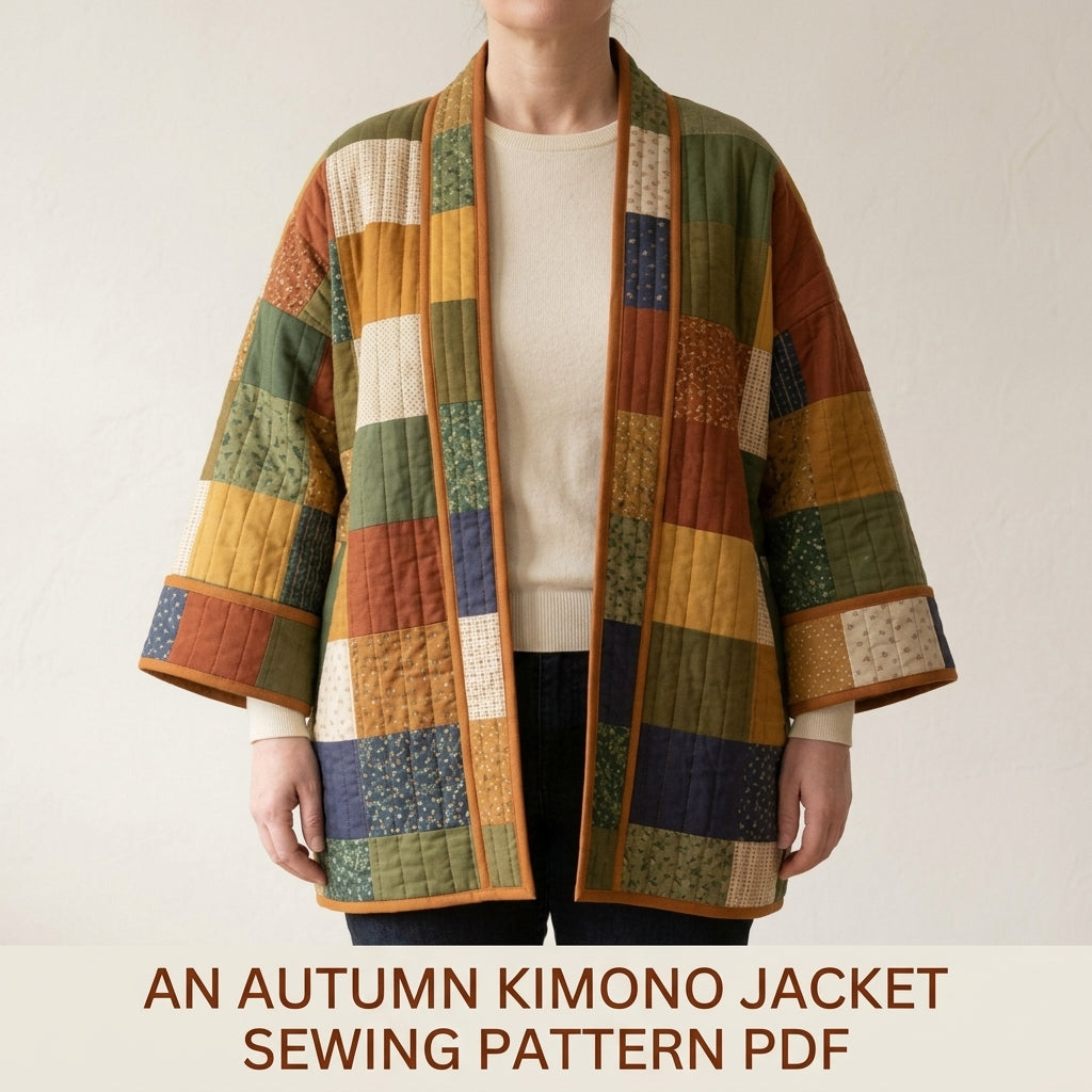 Quilted Kimono Jacket Sewing Pattern PDF – Patchwork Kimono Wrap with Wide Sleeves and Band Collar