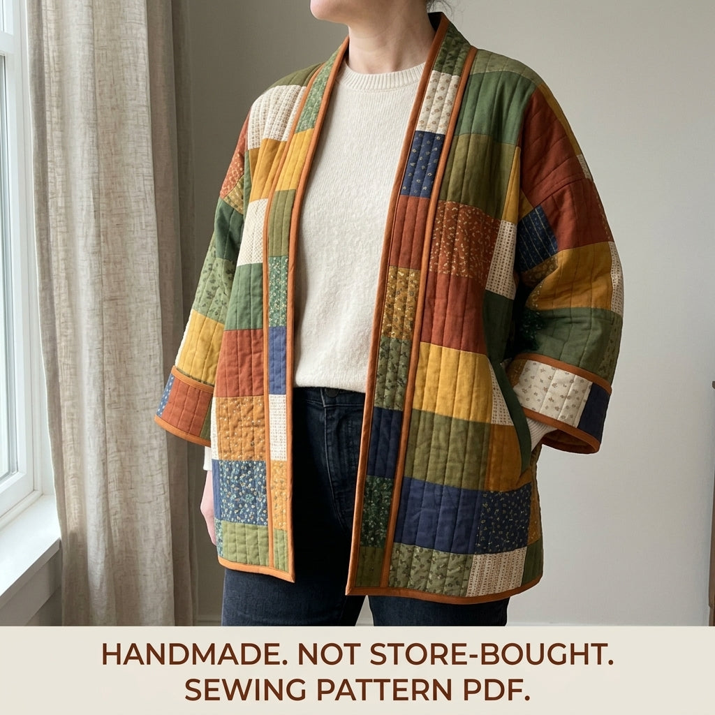 Quilted Kimono Jacket Sewing Pattern PDF – Patchwork Kimono Wrap with Wide Sleeves and Band Collar
