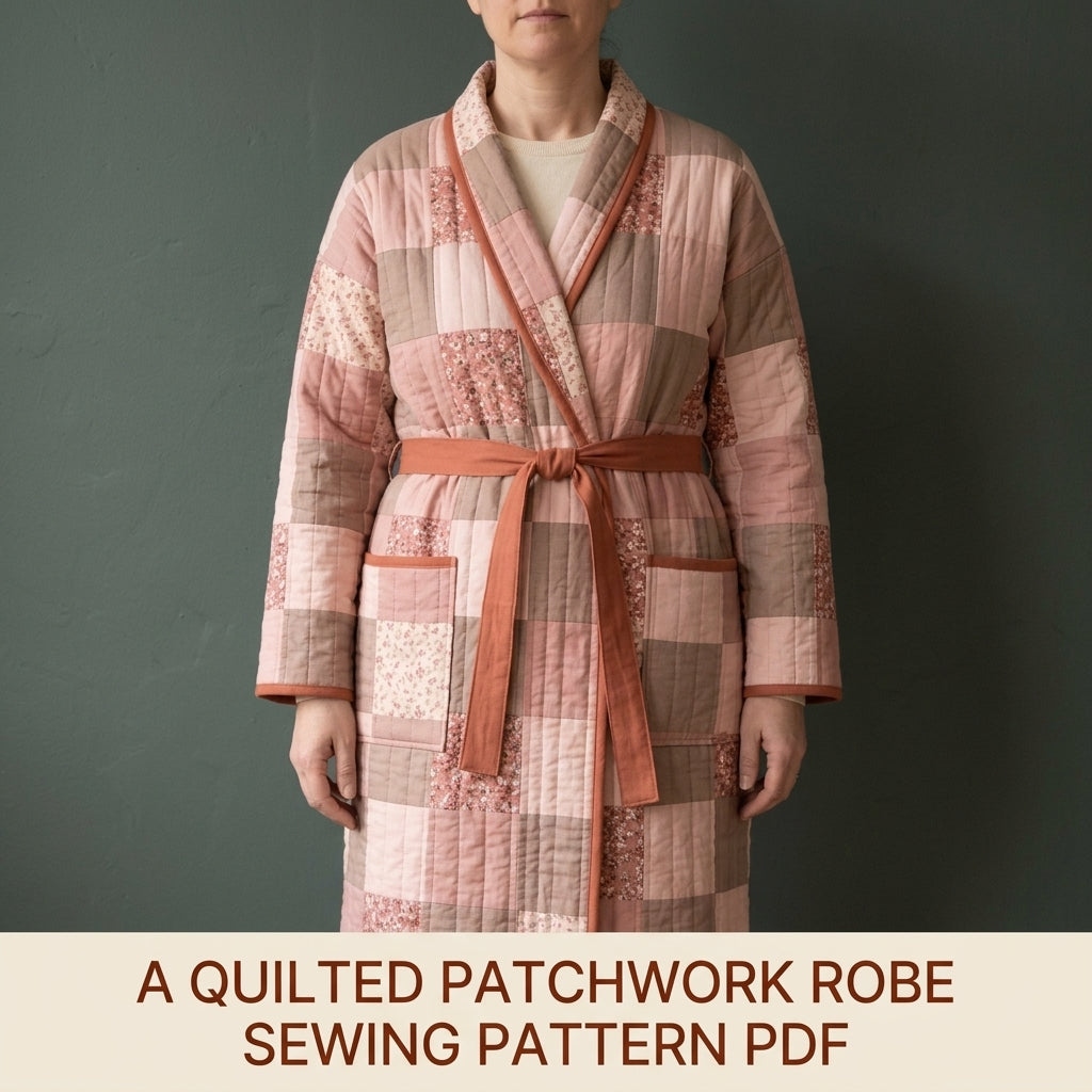 Quilted Robe Sewing Pattern PDF – Patchwork Wrap Robe with Shawl Collar and Pockets