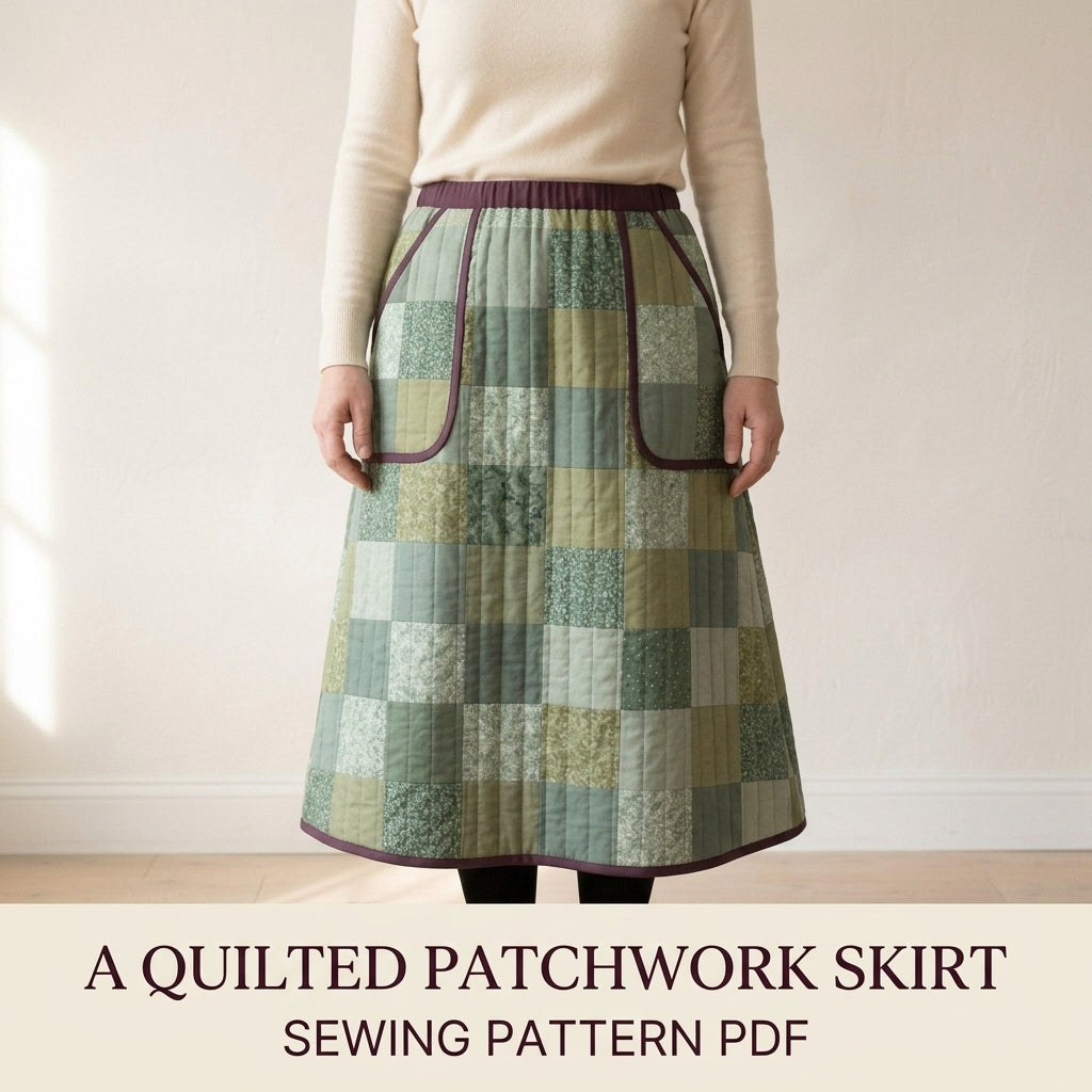 Quilted Skirt Sewing Pattern PDF – Patchwork Midi Skirt with Elastic Waist and Pockets