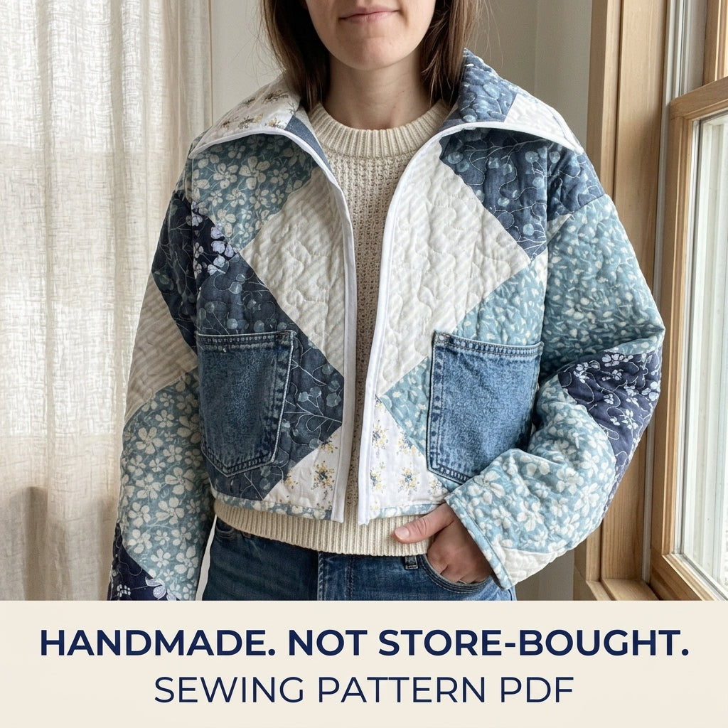 Cropped Blue Patchwork Jacket Sewing Pattern PDF – Quilted Jacket with Denim Pockets