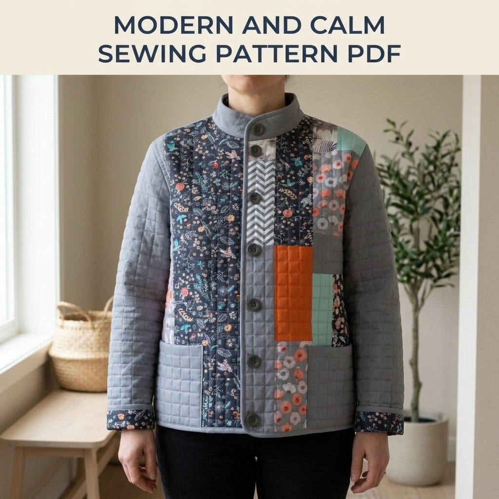 Grey Patchwork Quilted Jacket Sewing Pattern PDF – Modern Quilted Coat