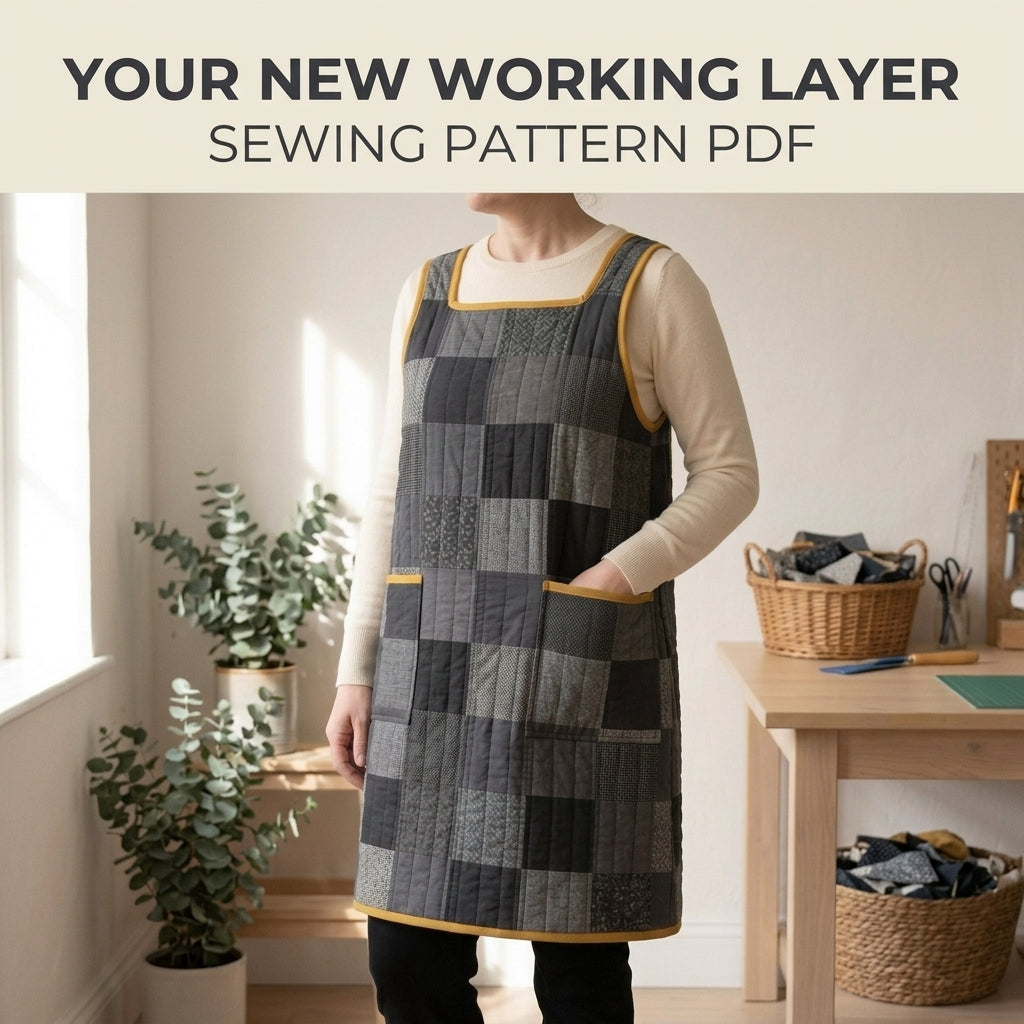 Quilted Pinafore Dress Sewing Pattern PDF – Patchwork Apron Dress with Square Neck and Pockets