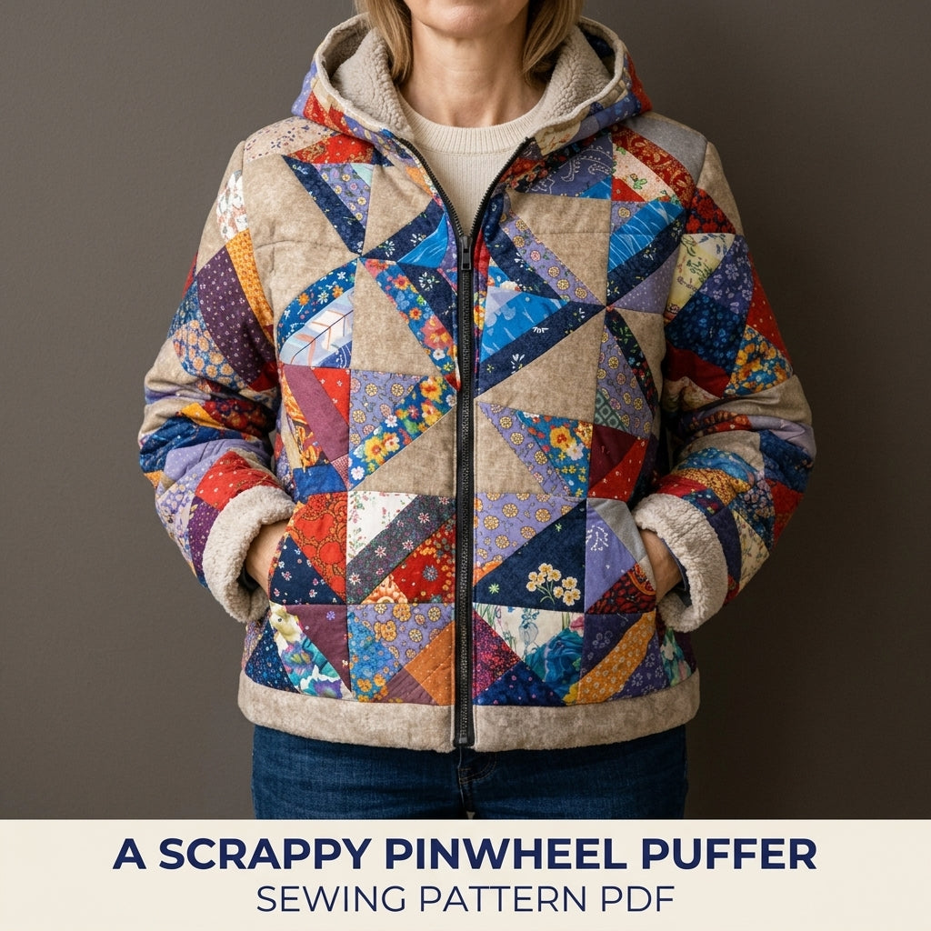 Scrappy Pinwheel Puffer Jacket Sewing Pattern PDF – Quilted Hooded Coat