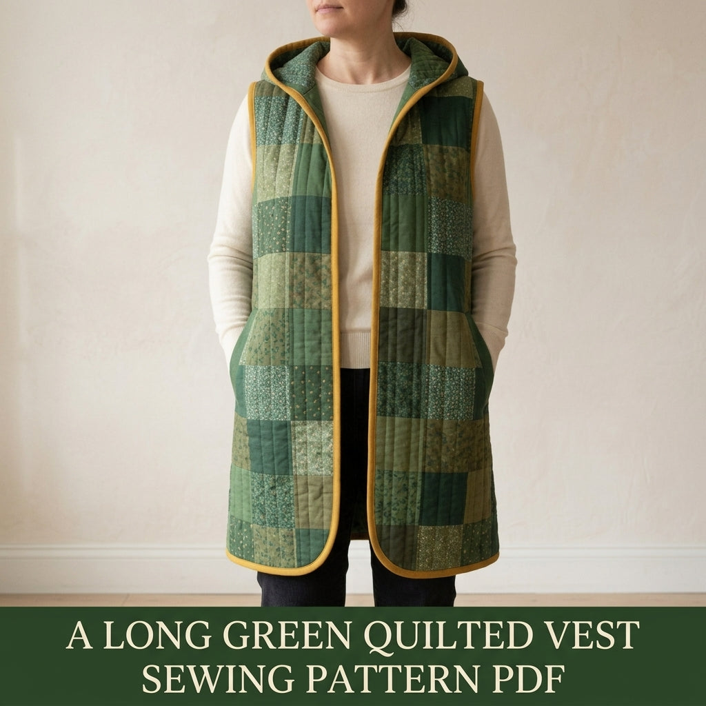 Quilted Patchwork Vest Sewing Pattern PDF – Long Hooded Quilt Vest with Pockets and Bias Binding