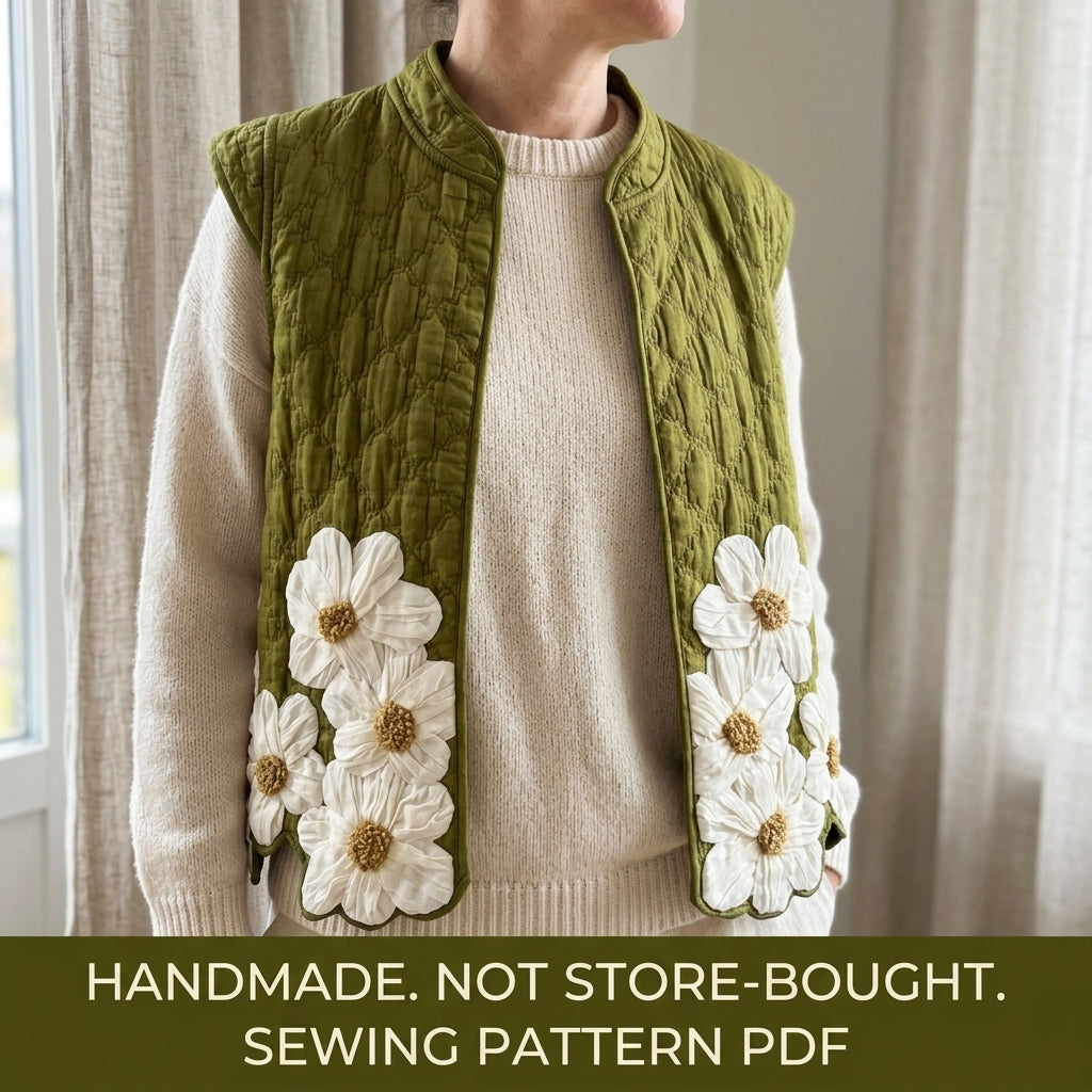 Daisy Appliqué Quilted Vest Sewing Pattern PDF – 3D Flower Quilted Waistcoat