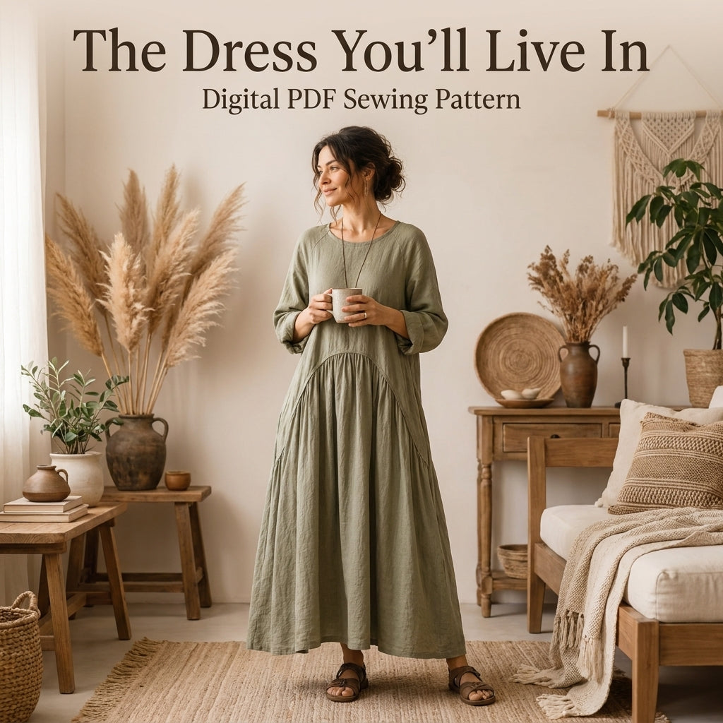 Boho Maxi Dress Sewing Pattern — Oversized Linen Dress with Deep Pockets, No Zips or Buttons, US 6–28W, A0 and A4 PDF