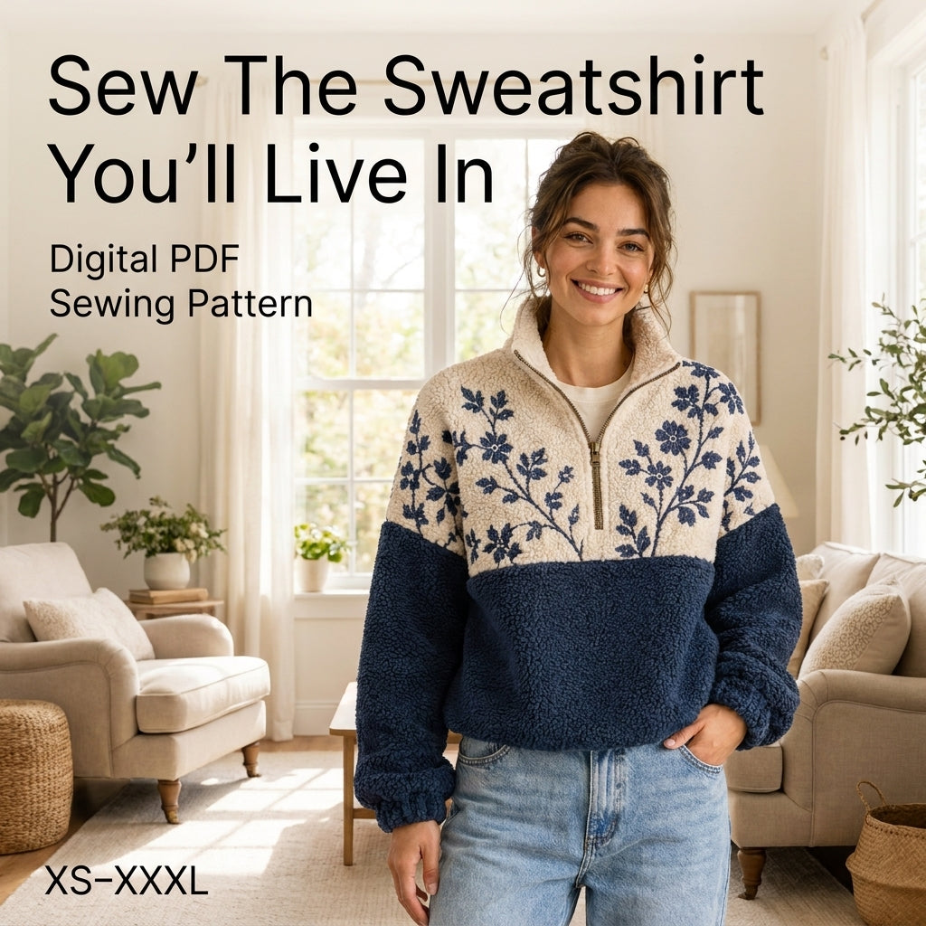 Half-Zip Sweatshirt Sewing Pattern — Colour-Block Sherpa Pullover with Stand Collar, Sizes XS–3XL, A0 and A4 Layered PDF